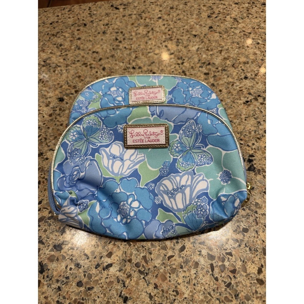 Lilly Pulitzer for Estee Lauder Cosmetic Bag Set of 2 Blue Floral Butterfly New
